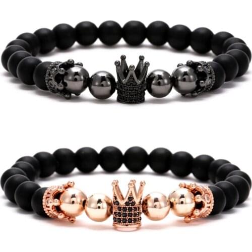 New Fashion Micro Pave Cubic Zirconia Hecagon Crown Charm Bracelets Men Women Couple Black Stone Bead Bracelet Jewelry