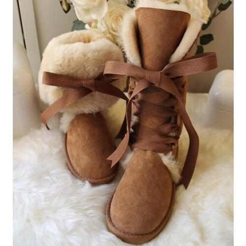 New High Snow Boots Genuine Sheepskin Natural Fur Wool Women Boots Winter Boots Fashion Female Long Boots Casual Shoes