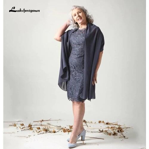 Lakshmigown Dusty Navy Blue Mother of the Bride Dresses Lace Fitted Elegant Dress for Mom Illusion Round Neck Short Prom Dress