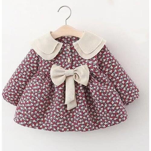 Floral Girls Dresses Winter Plus Velvet Thicken Warm Turn-Down Collar Bow Boutique Princess Christmas Toddler Clothes