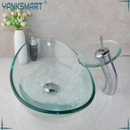 YANKSMART Bathroom Washbasin Oval Clear Tempered Glass Ingot Shape Round Vessel Sink With Waterfall Chrome Faucet Set