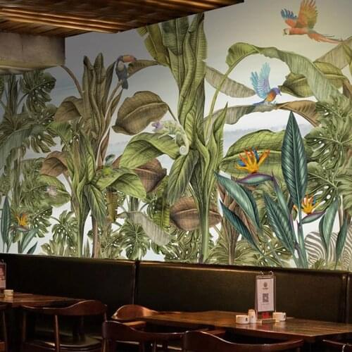 Hand Painted Tropical Rain Forest Leaf Flower Bird Animal Mural Waterproof Self-adhesive Wallpaper Living Room Restaurant Decals