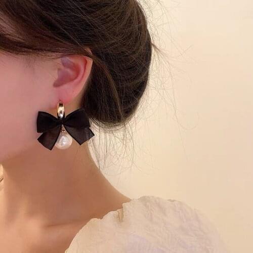 Korea New Fashion Black Color Bow Stud Earrings for Women Elegant Cute Pearl Earrings Jewelry Wholesale