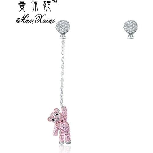 Crystal pendientes Earrings Balloon panda Bear asymmetrical Stud Pink Earrings cute bear long Stud earring brincos de festa