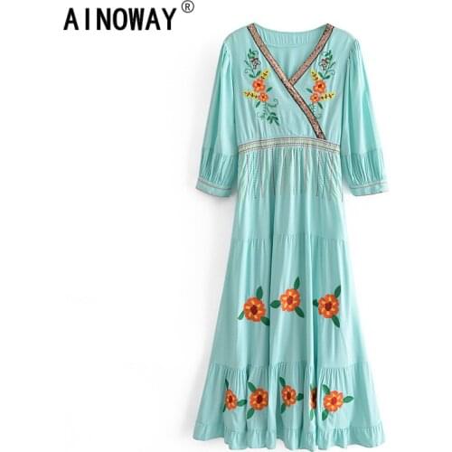 Vintage chic women Bohemian holiday floral embroidery midi dress ladies linen cotton flare sleeves v-neck dress vestidos