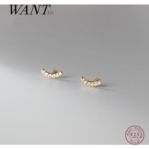 WANTME Genuine 925 Sterling Silver Pave Crystal Zircon Geometric Smile Mini Small Stud Earrings for Women Chic Party Jewelry