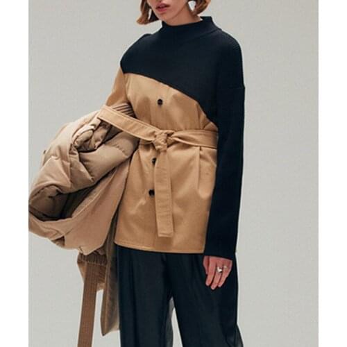 Patchwork Fashion 11.20 Winter Contrast Color Knit Stand Collar Long Sleeve Jacket Coat Women Temperament With Belt Outerwear