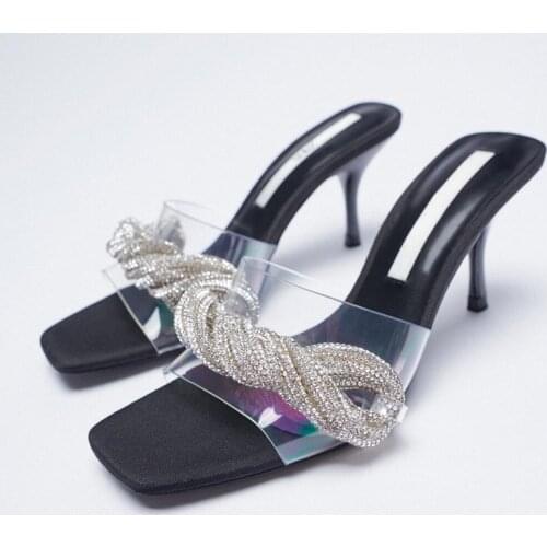 ZA Slippers 2021 New Rhinestone Winding Womens Shoes Transparent PVC Square Head High Heeled Sandals and Slippers