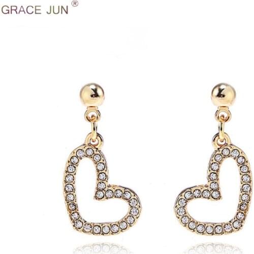 GRACE JUN New Hollow-out Heart Clip on Earrings for Women Rhinestone Peach Heart Drop Pierced Earrings Charm Jewelry Bijouterie