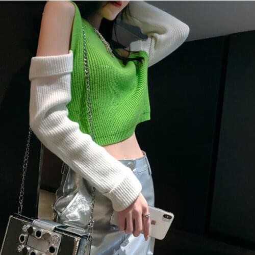 Woman Sweaters Off-the-Shoulder Contrast Color Short Womens Knitwear Slim Top Womens Sweater Femme Chandails Pull Hiver