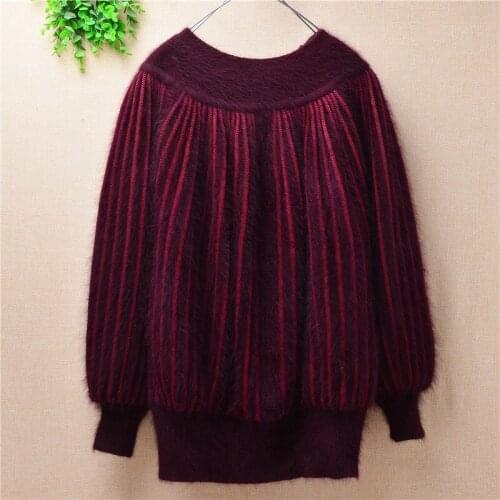 Top jumper ladies winter thick warm vintage stripes mink cashmere knitted Angora rabbit fur sweater women pullover clothes