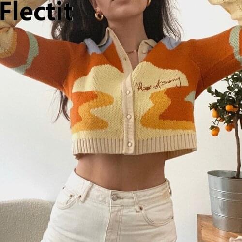 Flectit Sunny Knit Crop Top Sweater Women Comfy Long Sleeve Collared Button-up Cardigan Y2K e-Girl Aesthetic Outfit