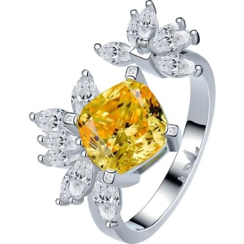 QTT Unique Design Ring For Ladies Yellow Square Cubic Zirconia Crystal Finger Ring Resizable Jewelry Wedding Accessories