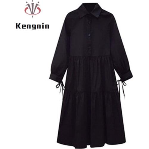 Plus Size 4XL Womens Tunic Dresses New 2021 Autumn Black Shirt Dress Long Sleeve Ruffle Ladies Vestidos Bow Robe Dress KE1690
