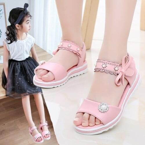 2021New Summer Girls Shoes Flat Heel Sandals For Girls Little Big Kids Shoes Princess Dress Bow Fashion Shoes Teenage Girls