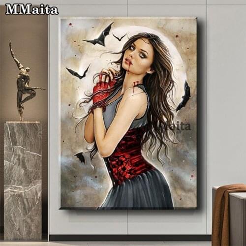 5D Diamond Painting Full Square Round Vampire Girl Picture DIY Diamond Embroidery Gothic Demon Woman Home Gift GG5672