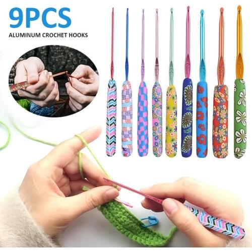 9pcs Aluminum Crochet Hook Set Polymer Clay Handles Knitting DIY Craft Yarn Weave Sweater Scarf Sewing Braid Knitting Tools