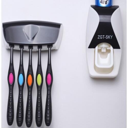 Bathroom Automatic Toothpaste Dispenser Toothbrush Holder Set Wall Mounted Rack Type Toothpaste Squeezers 5 Tooth Brush Holders