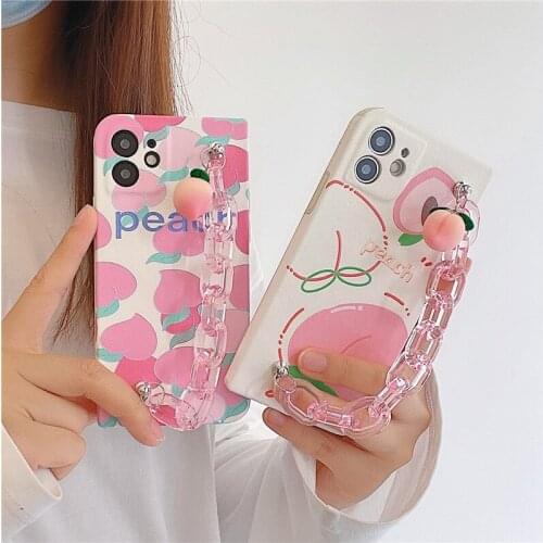 Cute Pink 3D Peach Bracelet Phone Case For iPhone 11 Pro Max 12 SE2020 8 Plus 7 XR XS X Fruit Chain Soft Cover Shockproof Fundas