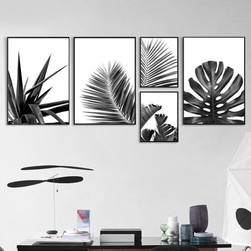 Black white plantain Palm Monstera leaf Wall Art Canvas Painting For Living Room Nordic Posters And Prints Plant Wall Pictures