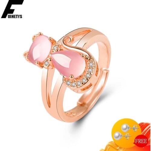 Ring 925 Silver Jewelry Cat Shape Rose Quartz Zircon Gemstone Open Finger Rings for Women Wedding Engagement Party Accessories