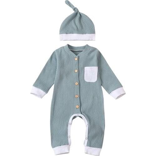 Toddler Kids Baby Clothes Sets Romper and Hat V-Neck Long Sleeve Patchwork Jumpsuit Bodysuit with Cap for Baby Girls Boys