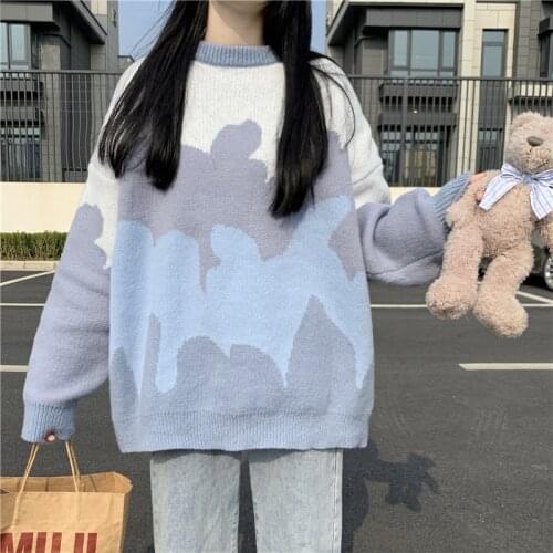 Korea Cute Pullover Round Neck Long Sleeve Rainbow Color Stitching Fashion Knitted Sweater 2021 Spring And Autumn New Female