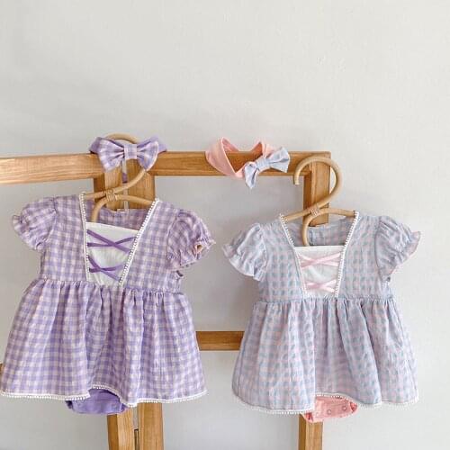 Ins 2021 Summer Baby Girl Rompers Purple 100-Day Banquet Princess Dress Little Plaid Lace Jumpsuit Infant Clothes 6M-3T