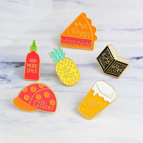 Hot Sale Cartoon Foods Hard Enamel Brooch Book Pineapple Spice Bottle Drink Brooches Clothing Accessories