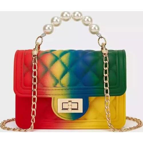Summer Rainbow Mini Pearl Women Handbag Fashion Candy Color Rhombus Jelly Chain Bag 2021 New Korean Shoulder Crossbody Bag