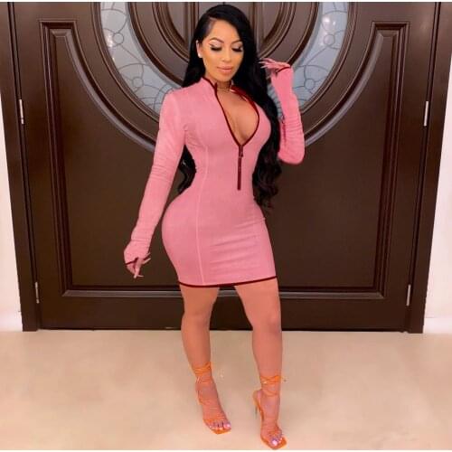 Fashion Womens Dress Zipper Close Body Long Sleeve Warm Tight Fitting Solid Color Dress Bodycon Dresses Ladies Clothes Clubwear