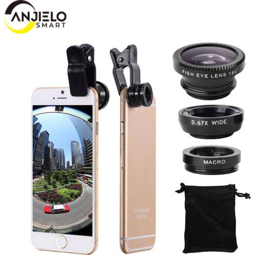 360 Degree Rotate Shark Tail Shape Clip Wide Angle Macro Fisheye Lens 3 in 1 Cell Phone Camera Lens Kit for Mobile Phones iphone