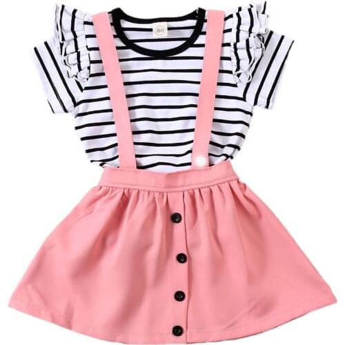 Girl Clothes 2020 Toddler Kids Baby Girl Summer Clothes Short Sleeve Striped Tops T-Shirt + Bib Skirt Outfits