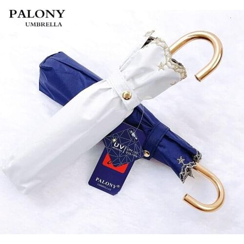 PALONY Six Bone Frame Small Golden Hook Triple Folding Lady Lace Style Gilt Embroidery Sunshade Windproof Folding Umbrella