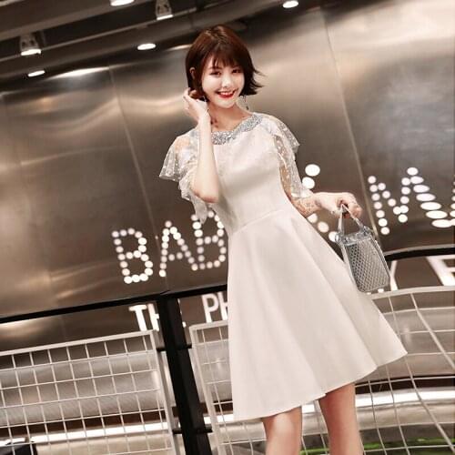 Special Occasion Dresses Vintage O-Neck Short Luxury White A-Line Knee-Length Satin Lace Elegant Sequined Women Prom Gown E981