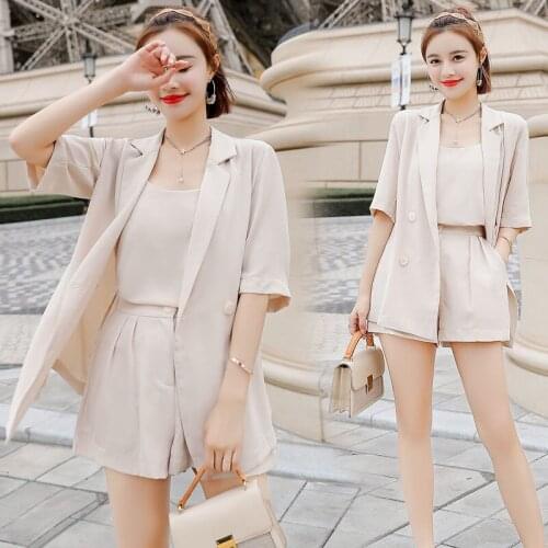 Casual Ladies Blazers Three Piece Sets Women Streetwear Female Coat Blazer and Shorts Set Chic Office Ladies Suits Summer Y392