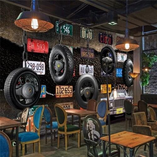 Retro License Plate Tires Classic Car Industrial Wind Mural Wallpaper 3D Restaurant Bar KTV Background Wall Decor Wall Paper 3D
