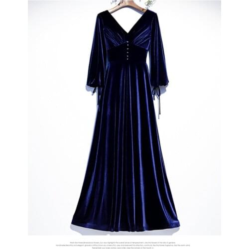 Blue Velvet Evening Dress Abendkleider A-line Formal Dress V-Neck Long Sleeve Evening Dresses Long Dress Robe De Soiree 2020