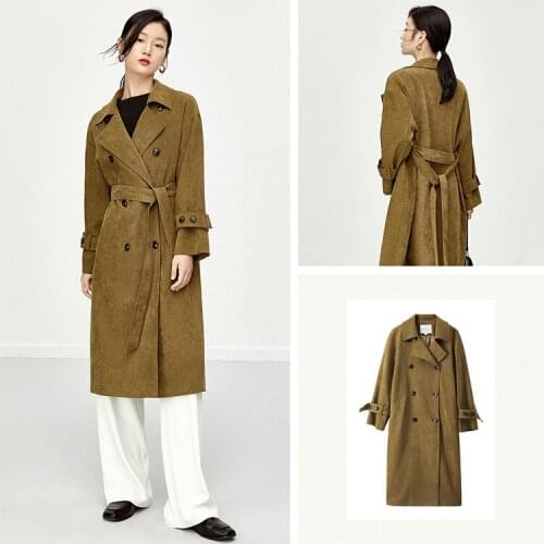 Corduroy windbreaker coat womens new autumn waist closing medium and long temperament British coat
