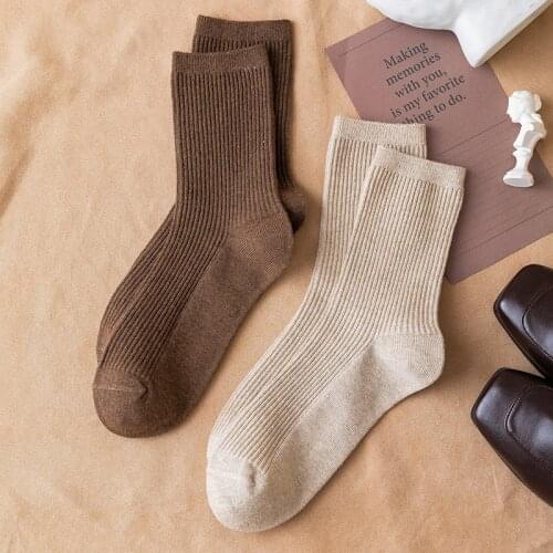 High Quality 98% Cotton Socks Women Autumn Winter Cozy Breathable Japanese Korean Harajuku Retro Striped Socks Solid Color