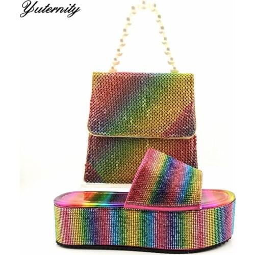 High Quality Colorful Rhinestone Woman Shoes And Bag Set Italian Pumps Shoes And Bags To Match Set For Party Dress