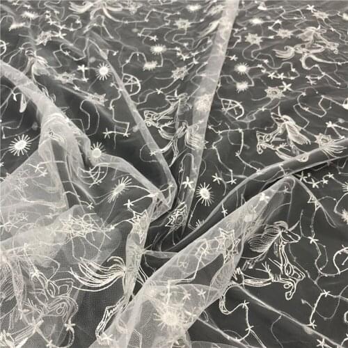 Upscale Shining Sequins Lace Fabric Unicorn Embroidery White Tulle Mesh Lace Evening Fabric Dresses Clothing DIY Craft 130* 91cm