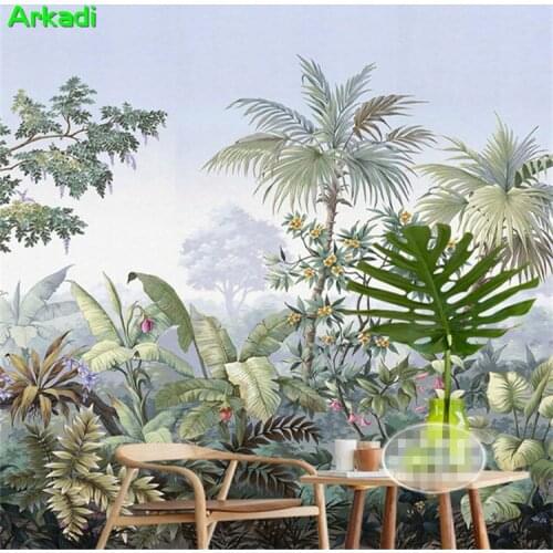 Southeast Asian style hand-painted tropical rainforest banana leaf green forest landscape background wallpaper living room