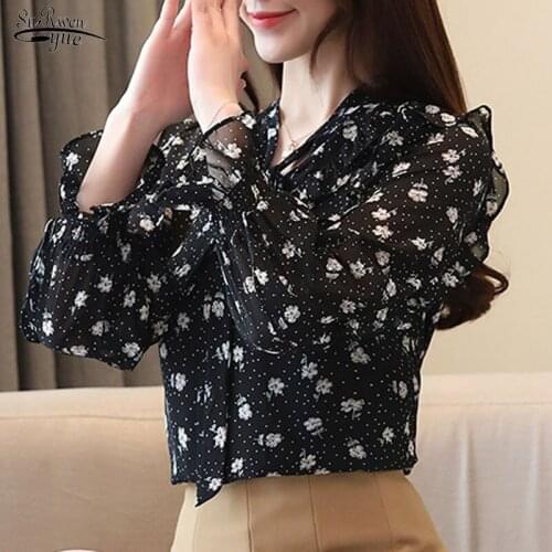 Autumn Fashion New Elegant Bow Ruffle Tops Womens Long Sleeve Chiffon Blouses ShirtWomen Blouse Blusas Feminias Blouse 10532