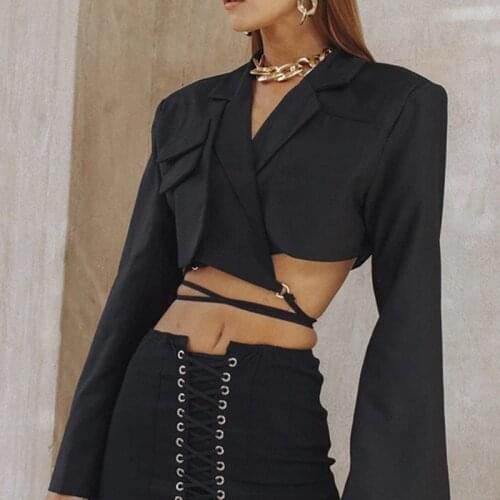 Women Bandage Crop Blazer Lace Up Spring Autumn Slim Long Sleeve Short Jacket