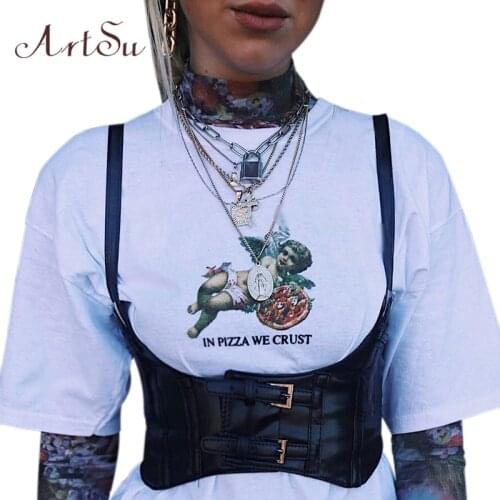 ArtSu Summer 2021 PU Leather Tank Top Women Sexy Bralette Crop Top Black Bustier Top Fitness Clothing Streetwear ASVE20478