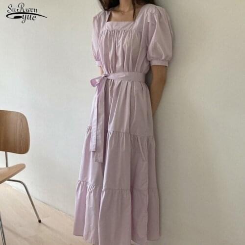 2021 Korea Summer Dress for Women Solid Cotton Square Collar Puff Sleeve Dress Casual Simple High Waist Dress Vestido 14532