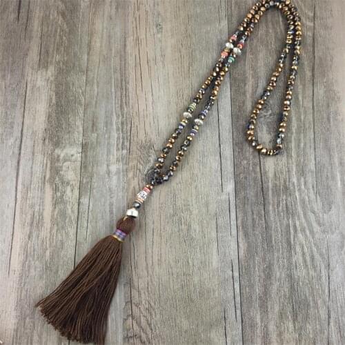 Women Crystal Beads Necklace Metal Buddha Sweater Chains Bohemain Ethnic Long Cotton Tassel Pendants Necklaces