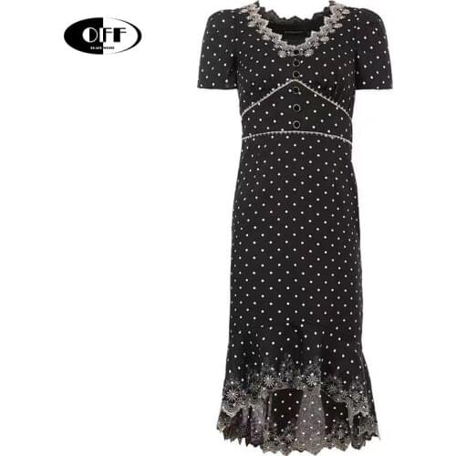 Designer Vintage Bodycon Midi Dresses French Elegant Slim Embroidery Floral Polka Dot v-neck Short Sleeve Lady Dress Women Robe