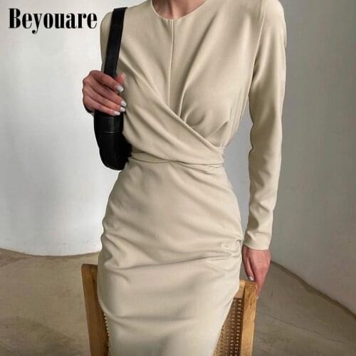 Beyouare Womens Elegant Dress Round Neck Long Sleeve Draped Knee-Length Straight Dresses 2021 Autumn Solid Casual Office Lady